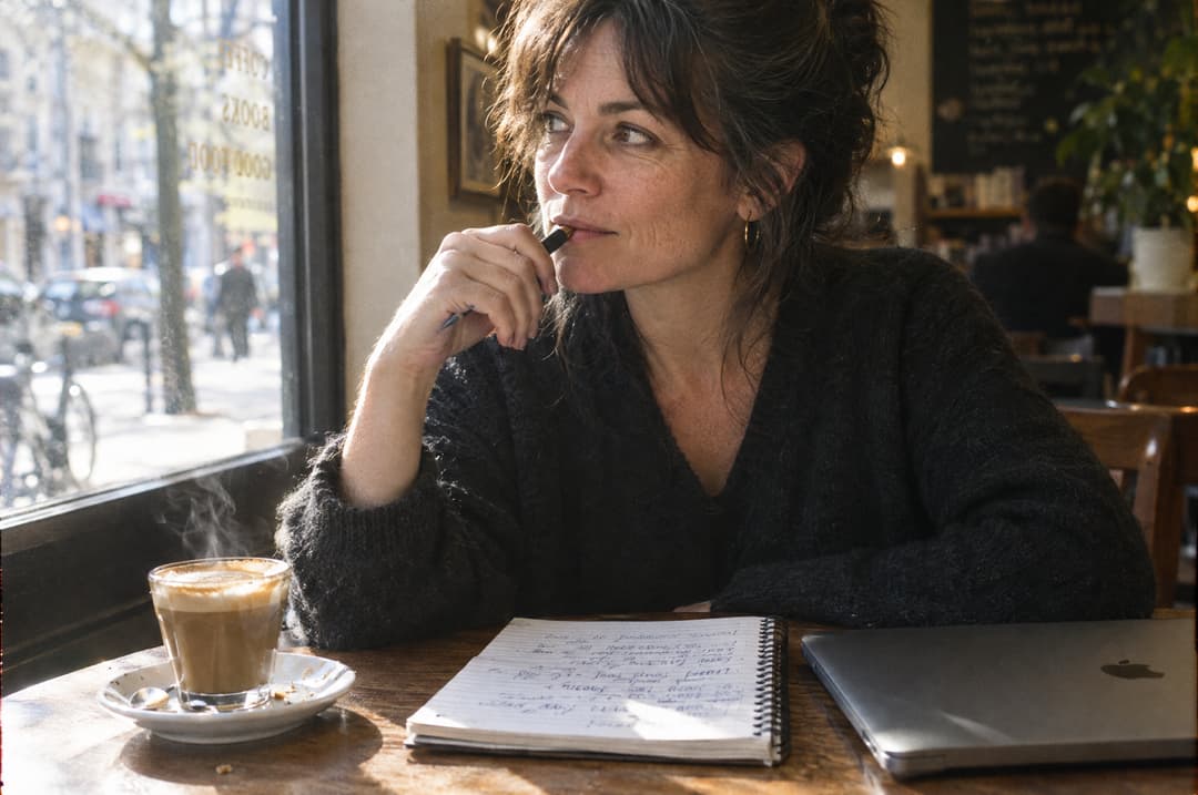 A writer drafting in a spiral notebook at a cafe table in morning sun