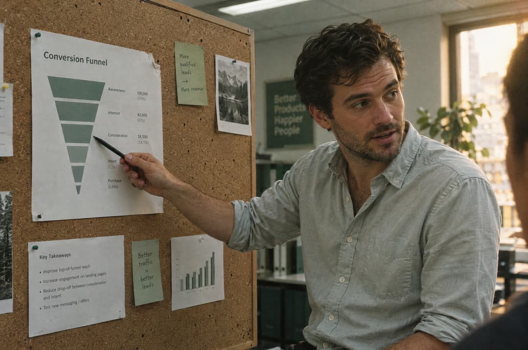 An analyst pointing a pen at a printed funnel chart pinned to a cork board