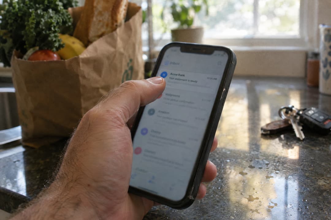 A hand holding a phone above a kitchen counter about to open an email notification