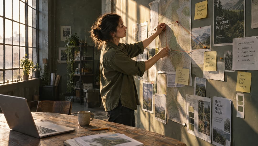 A strategist tying an orange thread between pins on a wall of printed maps and campaign notes in a sunlit studio