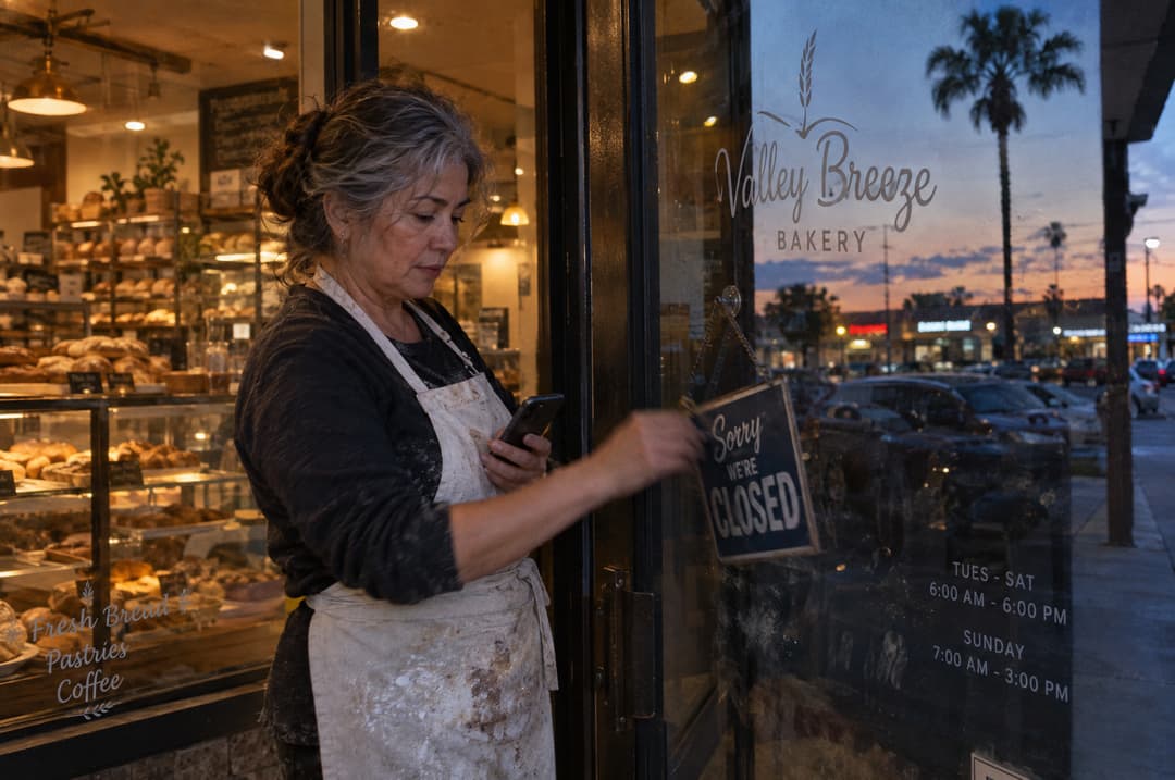 A bakery owner turning the door sign at dusk while checking her phone