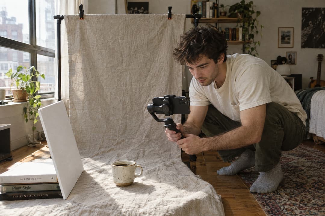 A young man filming a ceramic coffee cup on a phone gimbal in a small home studio