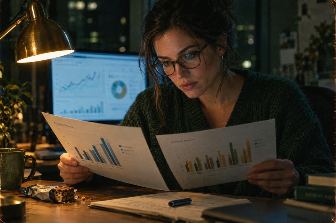 A woman comparing printed bar charts at her desk at night under a brass lamp