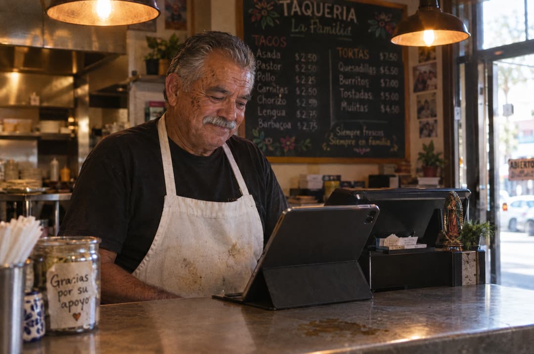 A taqueria owner reading customer reviews on a tablet behind the counter