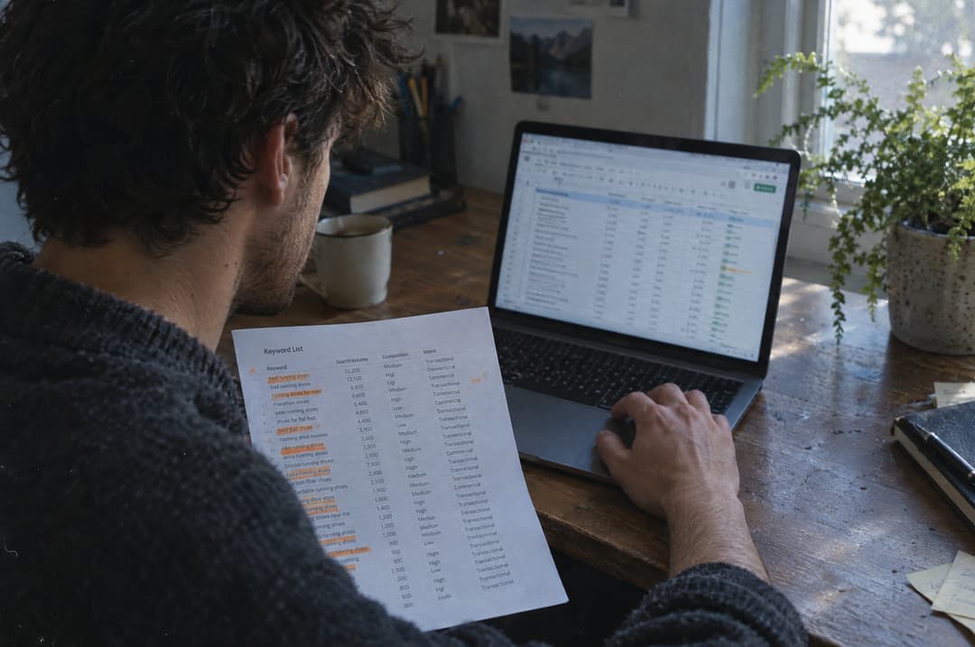 A man reviewing a keyword spreadsheet on his laptop with a highlighted printed list