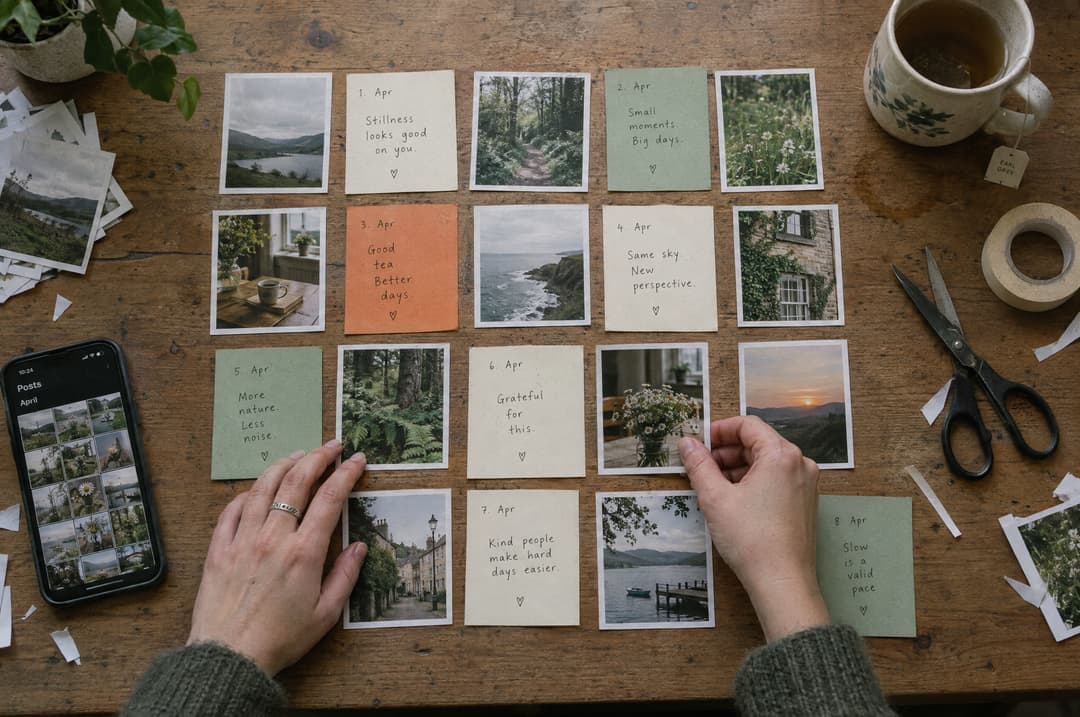 Hands arranging a grid of printed photos and caption cards on a wooden table