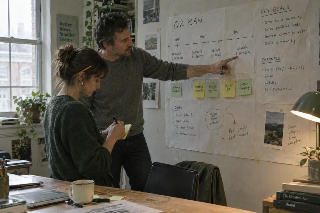 Two colleagues planning on a wall of sticky notes and a hand-drawn timeline