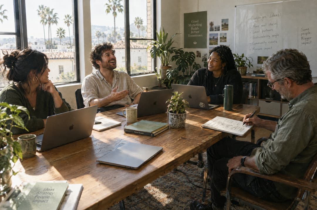 A small marketing team laughing and sketching around a long table in a sunlit office with palm trees outside