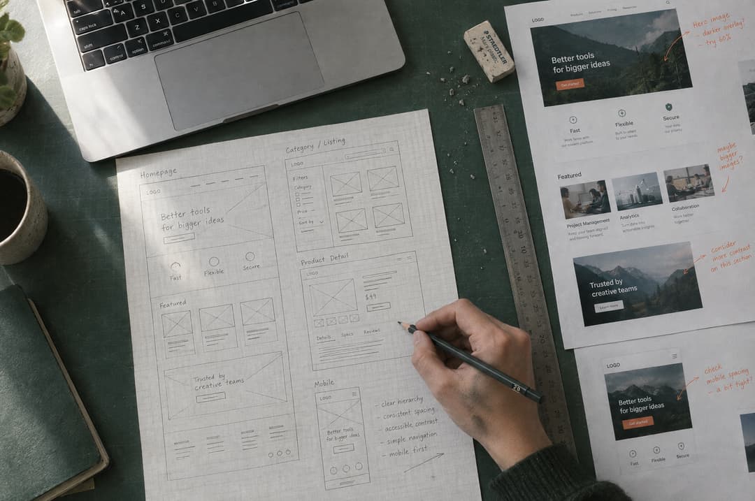 A designer sketching website wireframes in pencil next to a laptop